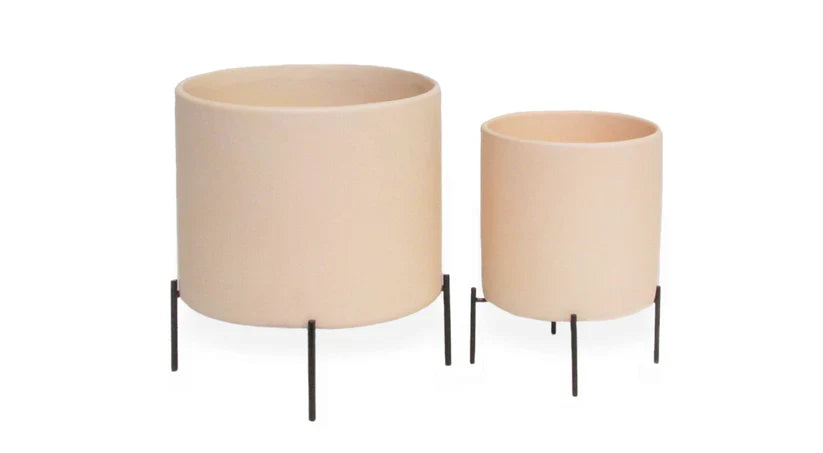 Soportes cilíndricos de cerámica mate amarilla para macetas